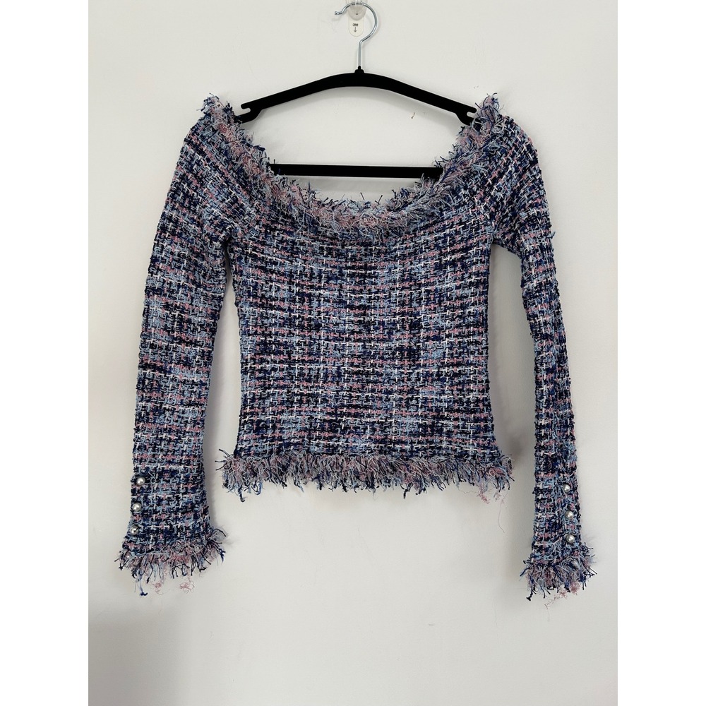 ZARA Tweed Off Shoulder Long Sleeve Frayed Pearl Button Top Old MOney Stretch SM